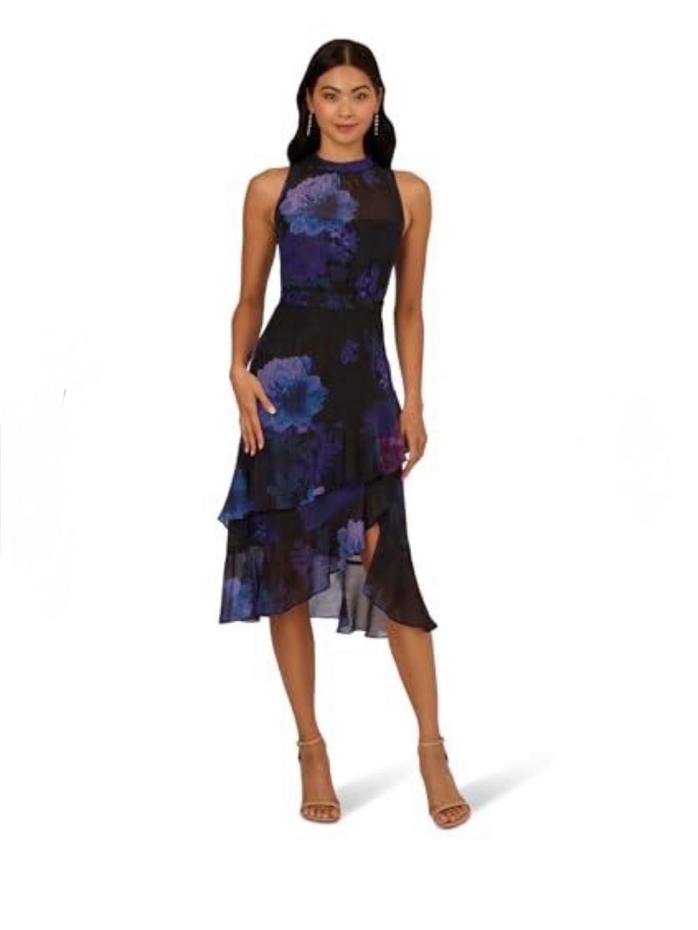 NWT Adrianna Papell Floral Glitter Halter Midi Dress Ruffle Hem Size 10